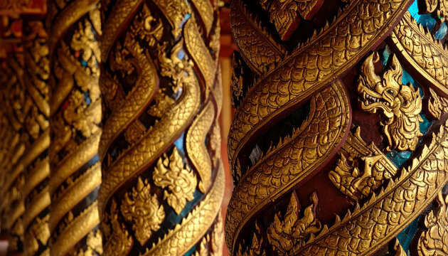 a pair of intricately designed golden banners, adorned with elaborate patterns that include dragons and other mythical creatures