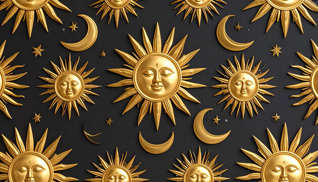 a decorative wallpaper with a sun motif. it showcases a repeating pattern of suns interspersed with crescent moons, creating a celestial theme