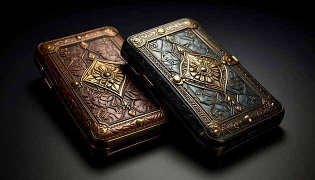 two decorative metal cases with intricate designs, resting against a dark background. these objects appear to be ornate boxes with engravings, suggesting an antique or vintage style