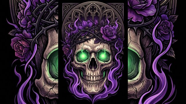 A creepy skull adorned with purple roses and thorns, its eyes glowing with an eerie green light. A dark and gothic aesthetic emanates from this unsettling image.
