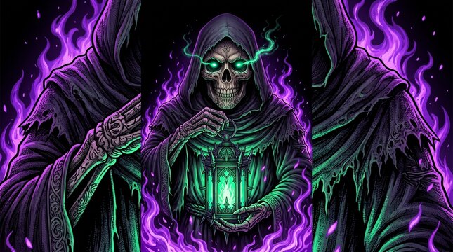 Dark fantasy art depicting a skeleton in a hooded robe holding a glowing lantern, surrounded by purple flames. A sense of mystery and the supernatural pervades the scene