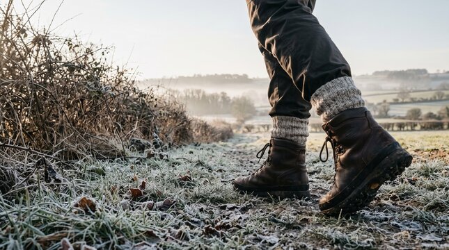 Person walking in hiking boots and thick socks on frosty grass in the countryside during a Boxing Day winter walk