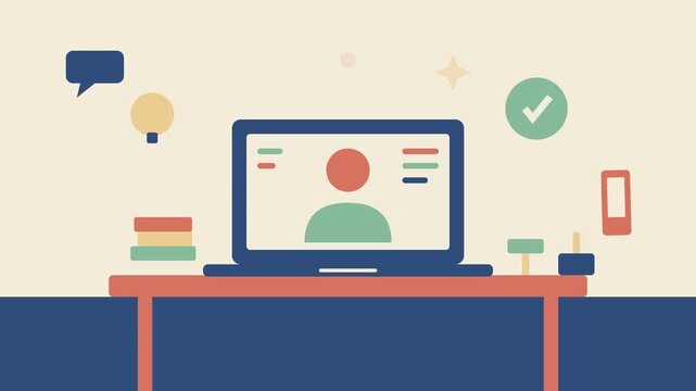 Online Learning Scene with Laptop, Books and Floting Icons.
