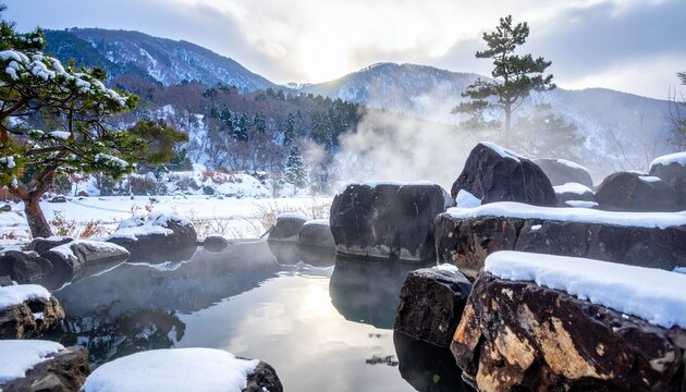 Steaming outdoor onsen surrounded by snow and mountain scenery