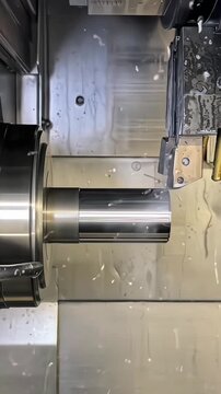 Steel shaft turning on CNC lathe with coolant spray