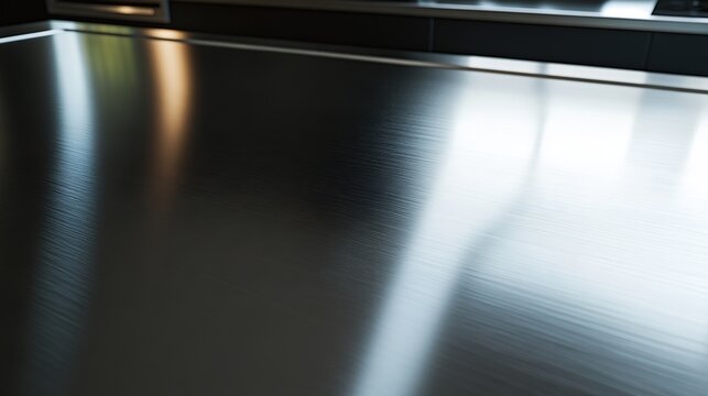 cleanliness. Close-up of a gleaming stainless steel kitchen appliance with reflective ambient light. product launch decks, UI/UX mockups, designed for product launches and innovation pitches.