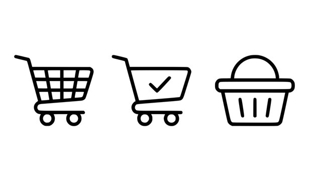 Shopping cart icon set with checkout cart and basket in minimal black line style