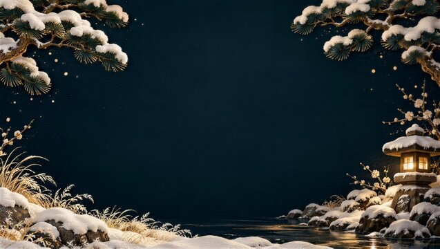 雪の松と石灯籠の灯りに囲まれた夜のフレーム（大晦日）