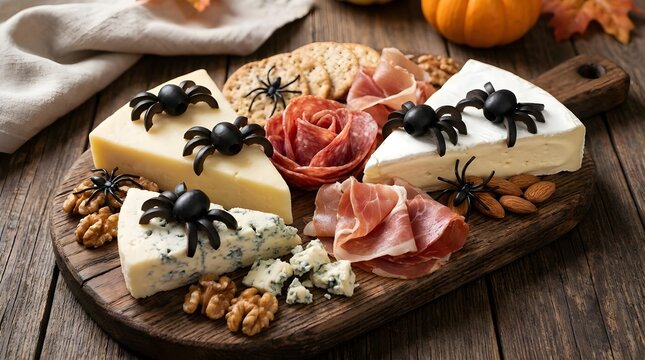 Halloween charcuterie board with olive spider and cheese