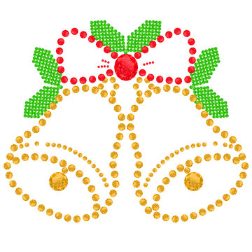 Festive Christmas holiday jingle bells diamond art graphic with holly leaves and red bow or Glittery gold and green hotfix rhinestone Christmas bells motif design.