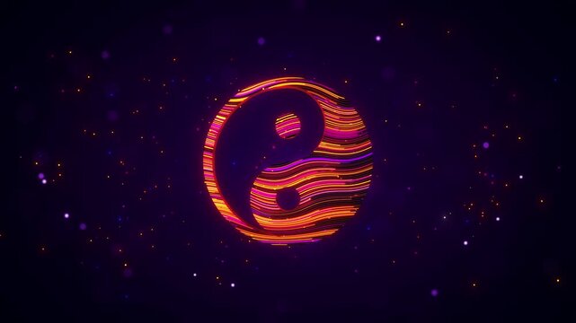Animated 3D Yin Yang symbol rotates with colorful orange, yellow, and magenta stripes and glowing particles on a purple cosmic background, representing Taoist balance and universal harmony.