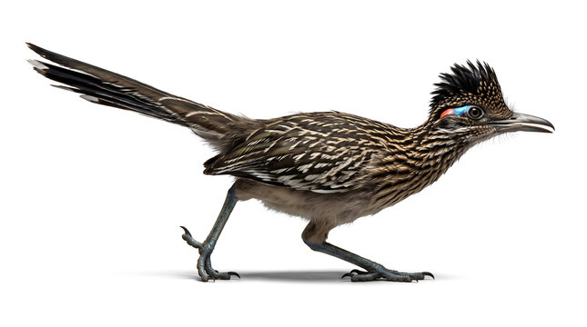 Dynamic isolated Greater Roadrunner crouched in a natural pre-sprint posture, representing speed, readiness and agility.