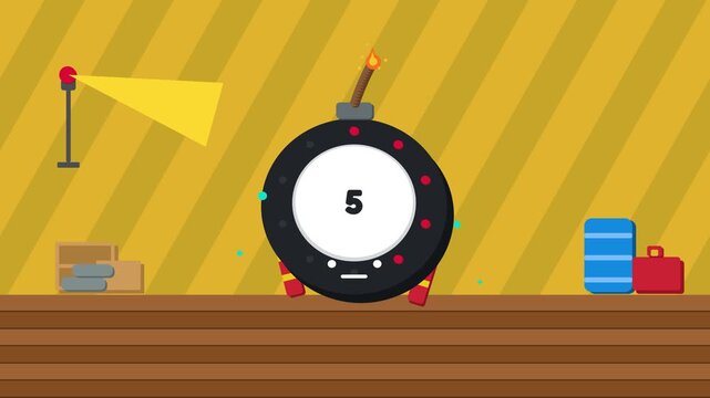 Animated bomb character counting down to zero and exploding brightly