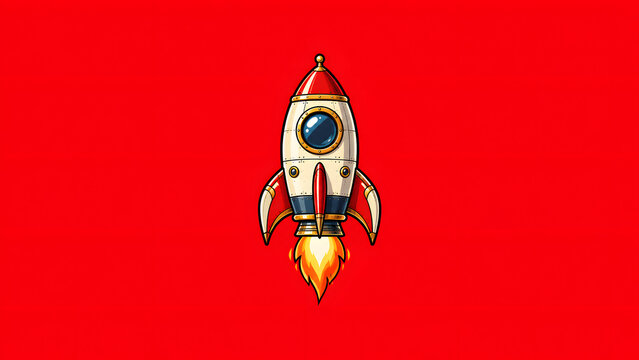 Detailed Retro Rocket Launch Icon on Vivid Red Background