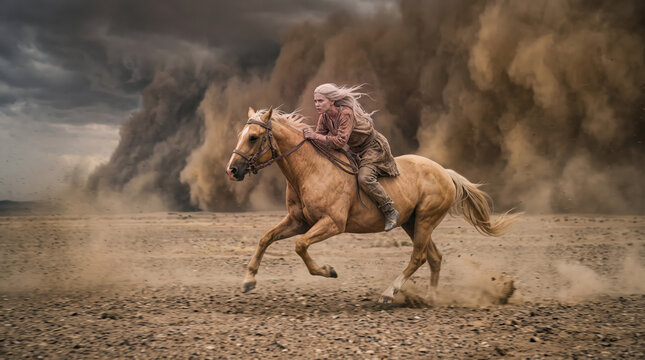 A woman with long blonde hair rides a tan horse at a full gallop across a barren desert landscape, desperately trying to outrun a massive, towering dust storm close behind them.
