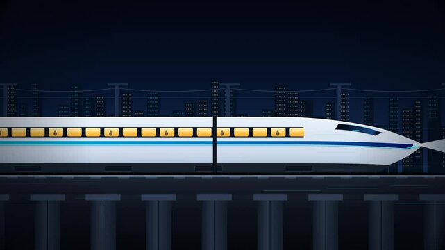 Animated High Speed Bullet Train Traveling on Elevated Railway Track at Night with City Skyline