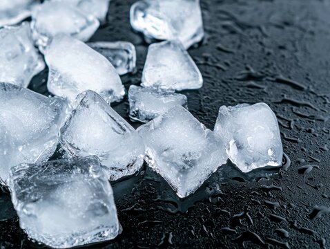 Clear ice cubes on a wet, dark surface, showcasing their translucent texture and melting droplets.