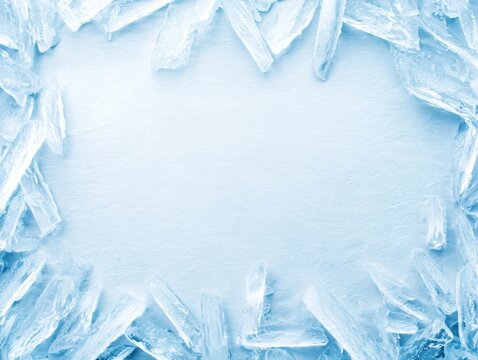 Transparent ice crystals frame a blank icy surface, creating a cold, frosty border with a smooth center.