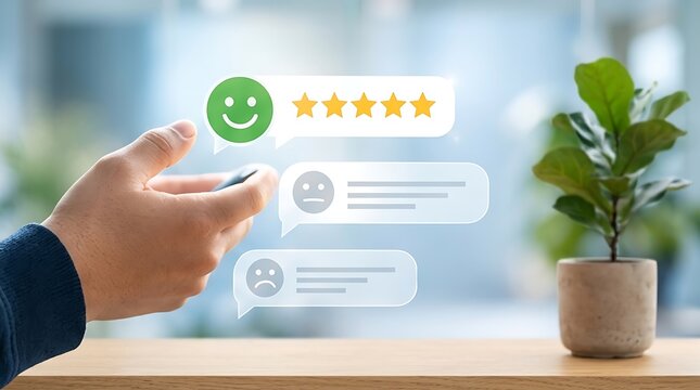 Close-up of a hand holding a smartphone to provide a five-star rating and positive feedback through a digital interface with smiley face icons, representing customer satisfaction and user experience.