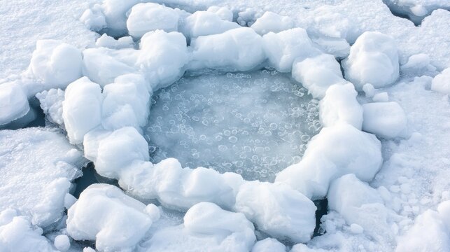 A close-up of floating ice chunks forming a rough circular pattern around a partially frozen icy water patch.