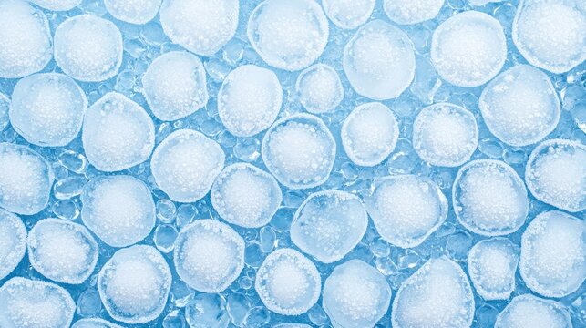 Close-up image of numerous translucent ice cubes tightly packed together on a blue surface.