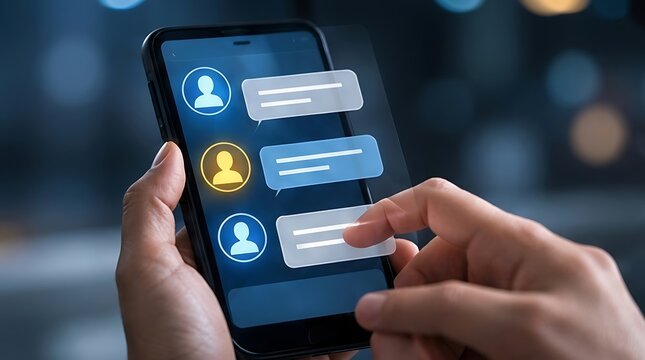 Close up of a person hands holding a generic smartphone for online messaging and social media communication with holographic user profile interface and chat bubbles on a dark blurred background