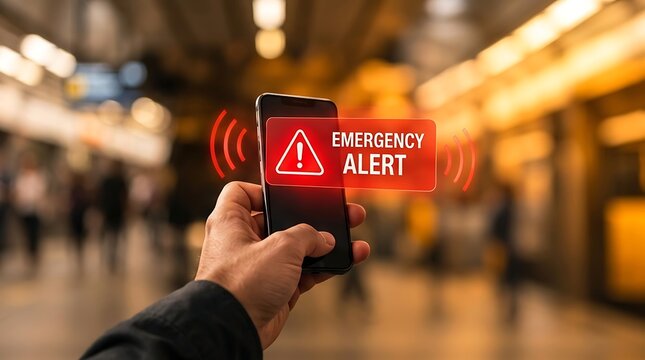 Close up of a person holding a modern smartphone with a red emergency alert notification on the screen in a blurred public train station, concept of public safety and digital warning systems