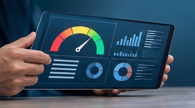 Close up of a professional holding a digital tablet displaying a comprehensive business analytics dashboard with performance gauge, bar charts, and data visualizations for strategic growth.