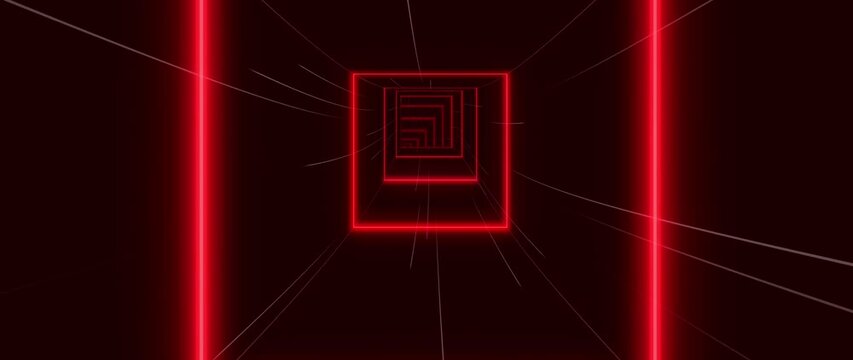 Glowing red square tunnel with nested frames and shifting perspective light trails