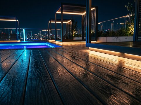 Hotel rooftop pool deck area with illuminated wooden flooring and modern lounge structures at night. Urban hospitality setting for luxury travel, leisure escapes, and premium resort booking use.  