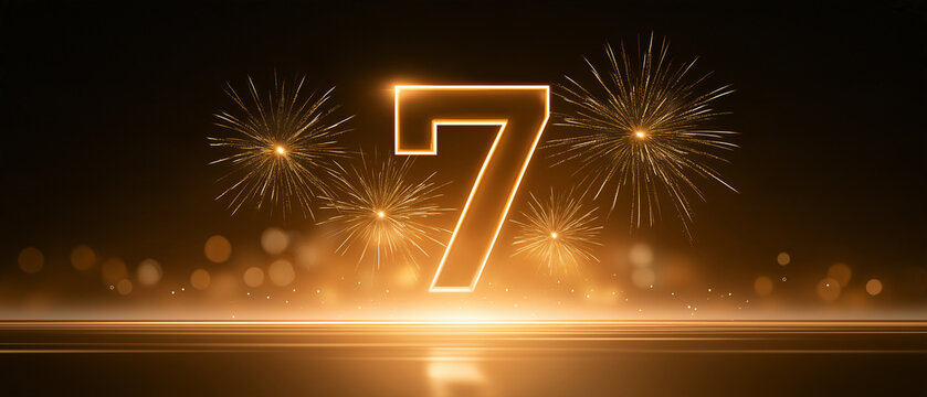 Countdown to Celebration: A glowing neon number 7 takes center stage, surrounded by bursts of celebratory fireworks and bokeh lights, signifying the imminent start of a momentous occasion.