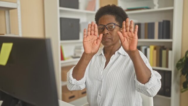 Woman at computer raising both hands, palms facing the monitor, gesturing stop while seated at a desk in an office building, wearing glasses and a white striped shirt; frustration.