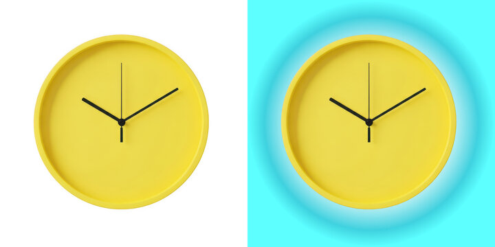 Minimal yellow round wall clock isolated on transparent background