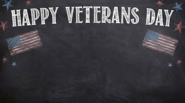 Happy veterans day text written on a black chalkboard background with american flags and stars