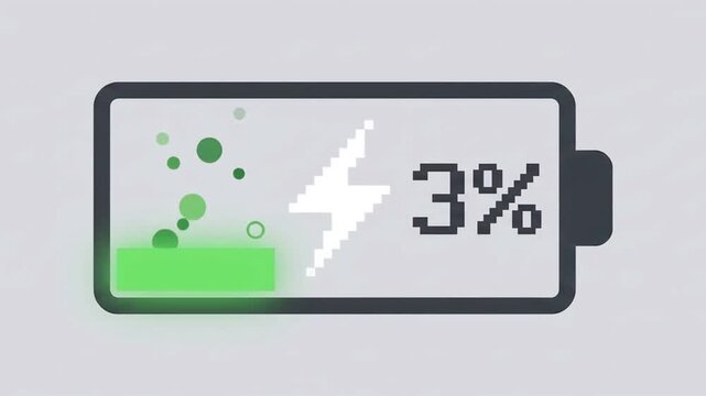 Pixel art style battery charging icon showing three percent power with lightning bolt symbol.
