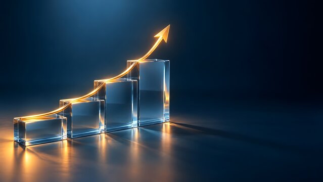 Ascending financial growth bar chart with glowing golden arrow representing corporate wealth management and investment success