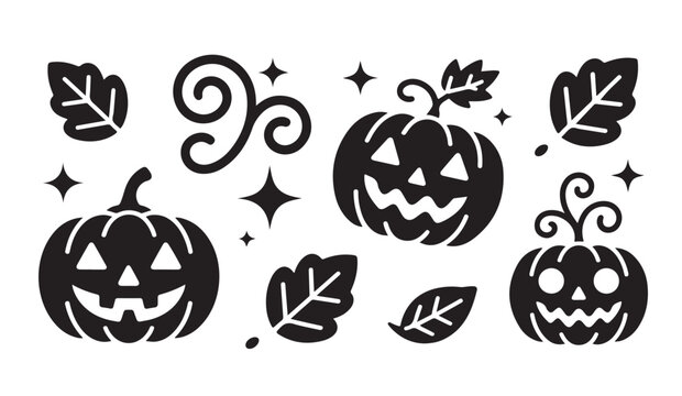 Halloween spooky pumpkins with star icons black silhouette elements for festive holiday party decor art.