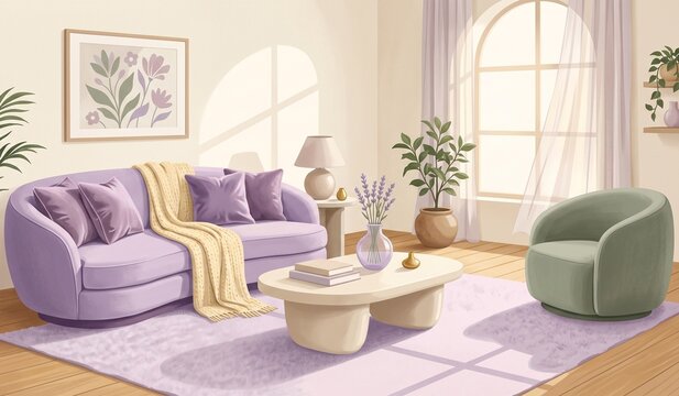 Lavender Sofa Sage Green Armchair Modern Living Room Arch Window Interior Illustration