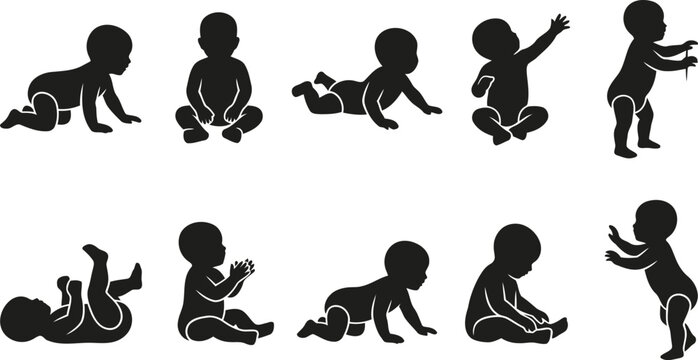 Baby silhouette icons set showing growth stages and milestones vector illustration