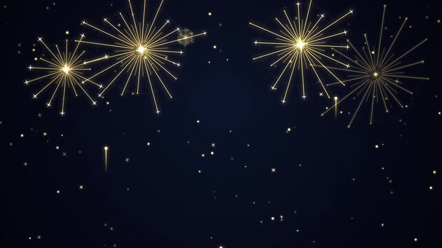 Golden fireworks animation with glowing sparks and light trails on dark navy background for festive celebration motion clip.