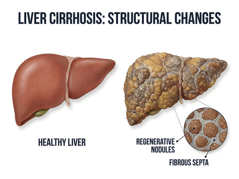 Healthy liver vs cirrhotic liver with regenerative nodules illustration isolated on white background