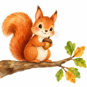 Watercolor squirrel holding acorn on autumn tree branch with colorful oak leaves, cute woodland animal illustration. Fall nature artwork, seasonal wildlife decor