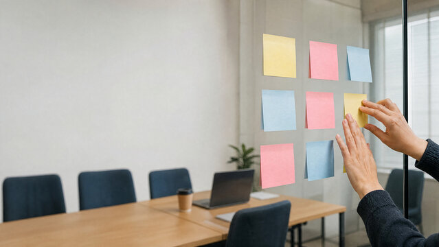 Hands placing sticky notes on a glass wall