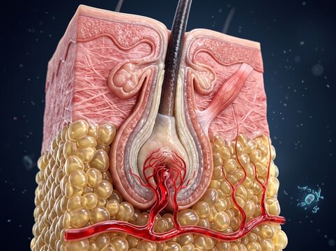 Detailed cross-section of human skin showing hair follicle and blood vessel.