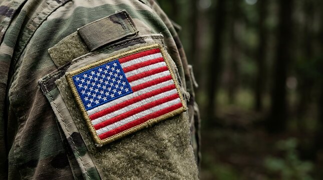 American flag patch on camouflage military uniform