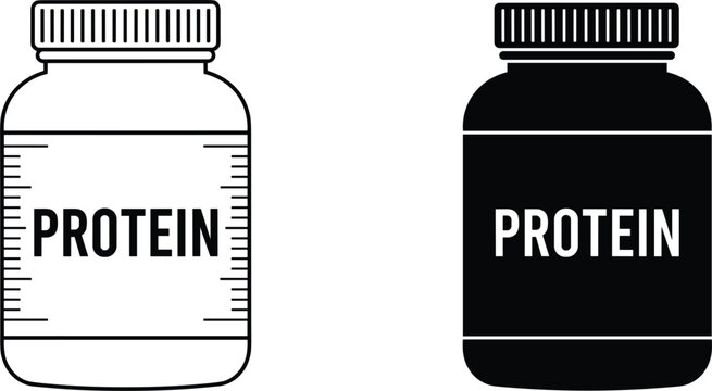 Protein powder jar line and silhouette icon set for sports nutrition fitness supplements bodybuilding and healthy lifestyle