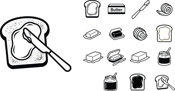 Spreading creamy butter on toast icon set featuring bread slices knives margarine containers and sweet jam jars