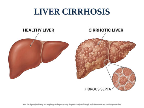 Healthy vs cirrhotic liver with fibrous septa illustration isolated on white background