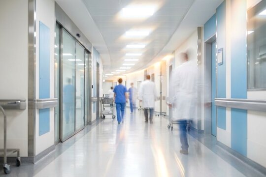 Cinematic long exposure photography of a modern hospital hallway, intentionally defocused and blurred to create a soft, ethereal bokeh effect