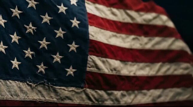 Dramatic Cinematic Close Up of a Weathered and Tattered Vintage American Flag with Stars and Stripes
